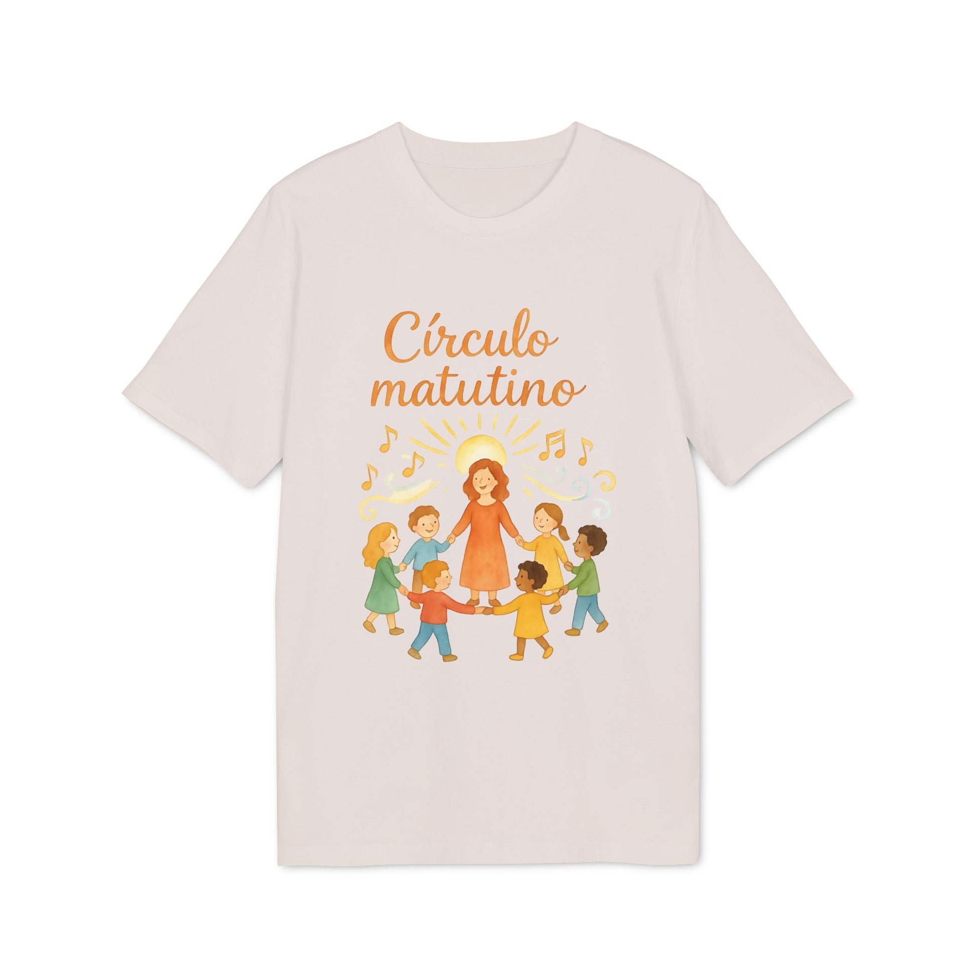 Alt Tag: Circulo Matutino Waldorf Premium Unisex T-Shirt con ilustración de maestra y niños en círculo, notas musicales y texto “Círculo matutino”