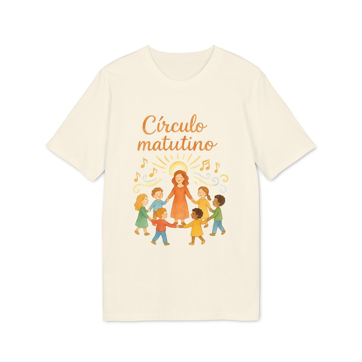 Circulo Matutino Waldorf Premium Unisex T-Shirt color crema con ilustración de maestra y niños en círculo, texto “Círculo matutino”