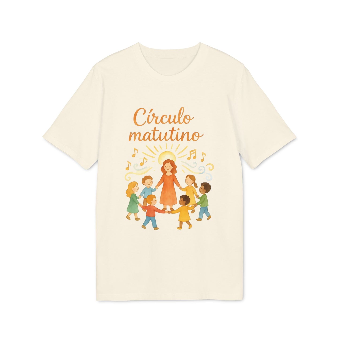 Circulo Matutino Waldorf Premium Unisex T-Shirt color crema con ilustración de maestra y niños en círculo, texto “Círculo matutino”
