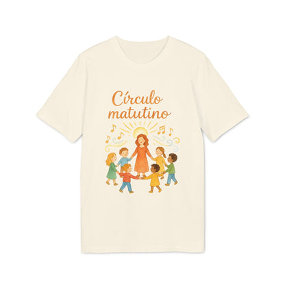 Circulo Matutino Waldorf Premium Unisex T-Shirt color crema con ilustración de maestra y niños en círculo, texto “Círculo matutino”