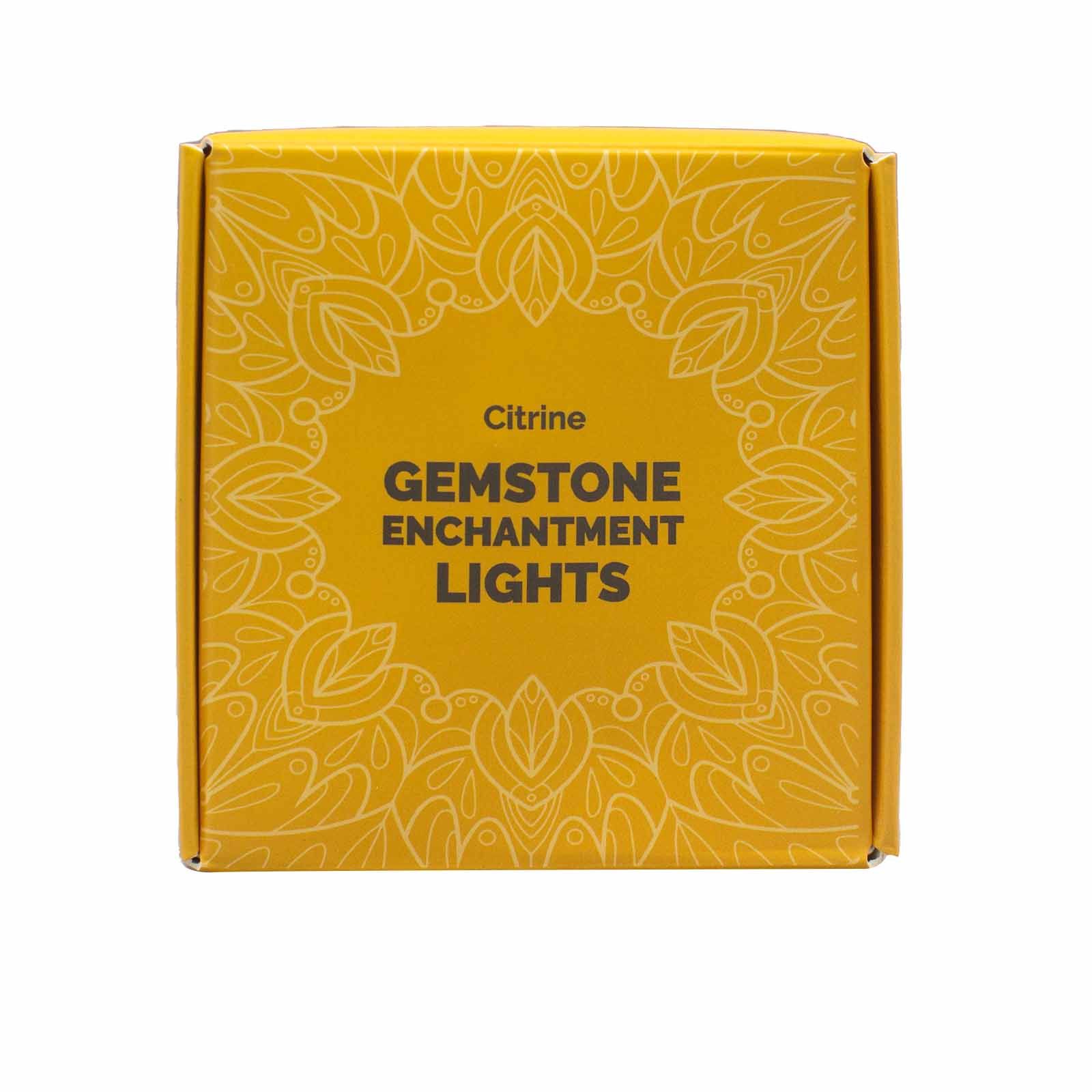 Alt Tag: Citrine Gemstone Enchantment Lights – Decorative String packaging box in golden yellow with floral pattern and product name