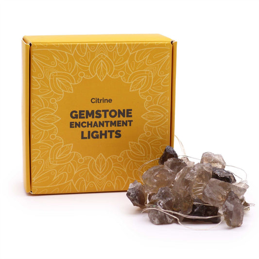Citrine Gemstone Enchantment Lights – Decorative String with citrine stones string lights and yellow product box on white background