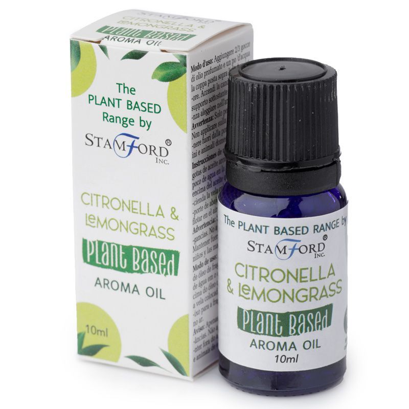 Alt Tag: Citronella Lemongrass Aroma Oil – 44G, aceite aromático plant-based Citronella & Lemongrass en frasco con caja, 10 ml