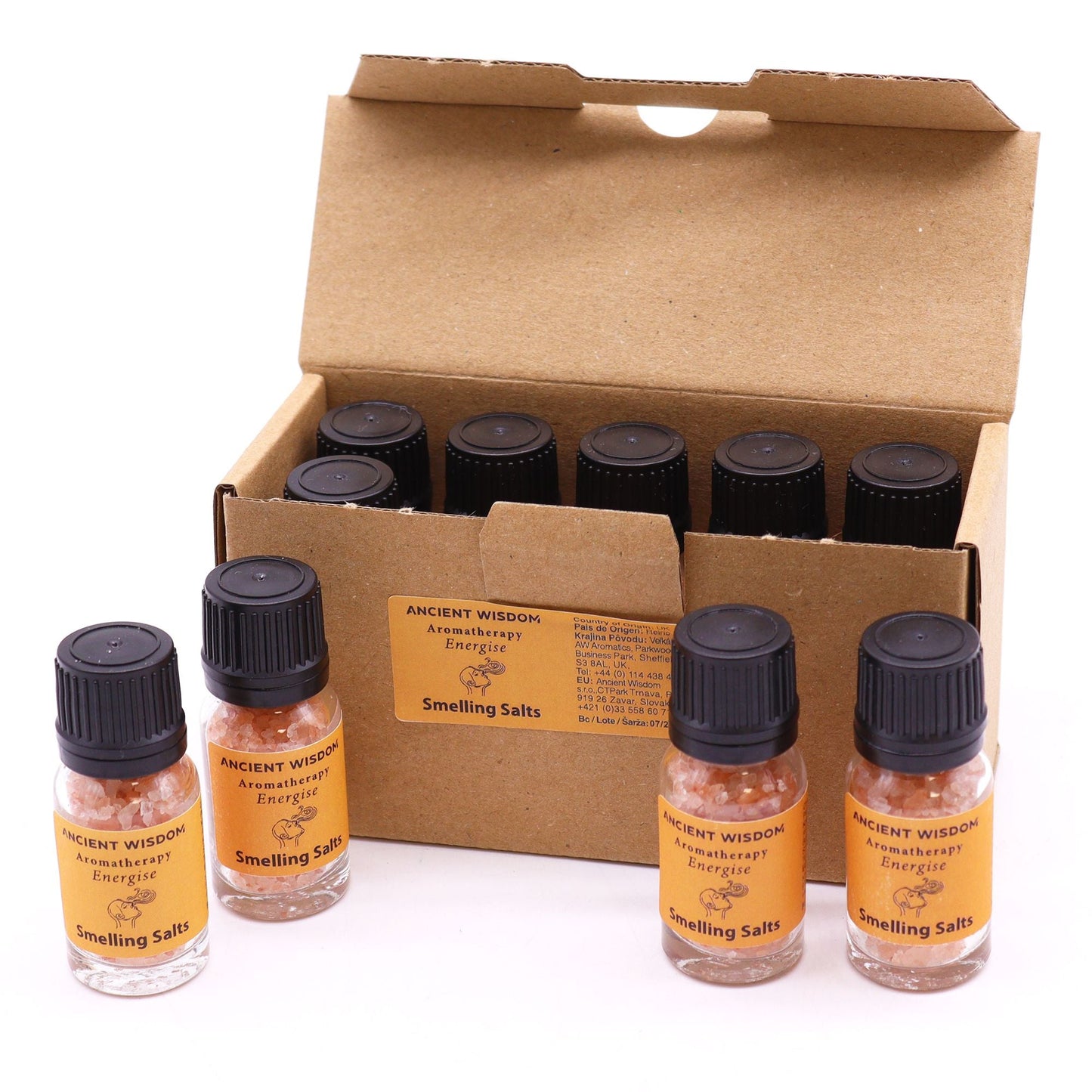 Alt Tag: Citrus Aromaaroma Smelling Salt – 42 G set de frascos de sales aromáticas cítricas en caja de cartón, aroma limón y naranja