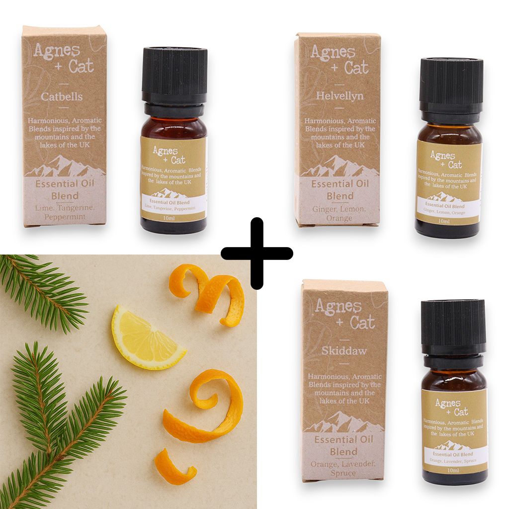Alt Tag: Citrus Uplift Essential Oil Blends – Set of 3, three essential oil blend bottles and boxes with citrus peel and greenery