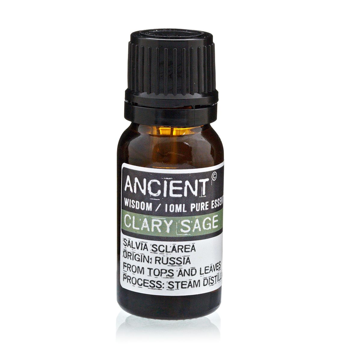 Alt Tag: Clary Sage Essential Oil – 10ML amber glass bottle with black cap, steam-distilled Salvia sclarea essential oil label