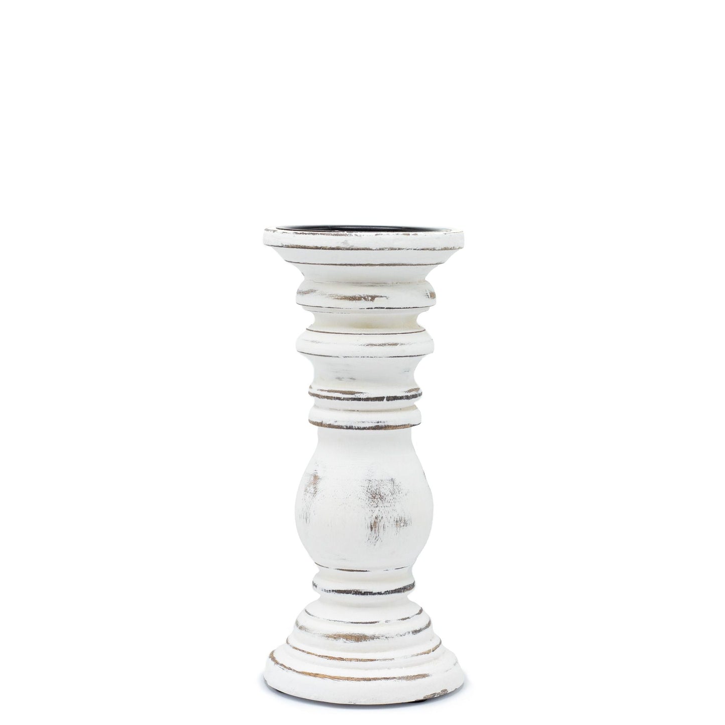 Alt Tag: Classic Candle Stand – Whitewash (23 × 10 CM, Small) whitewashed distressed candle holder pedestal for table centerpiece or mantel decor