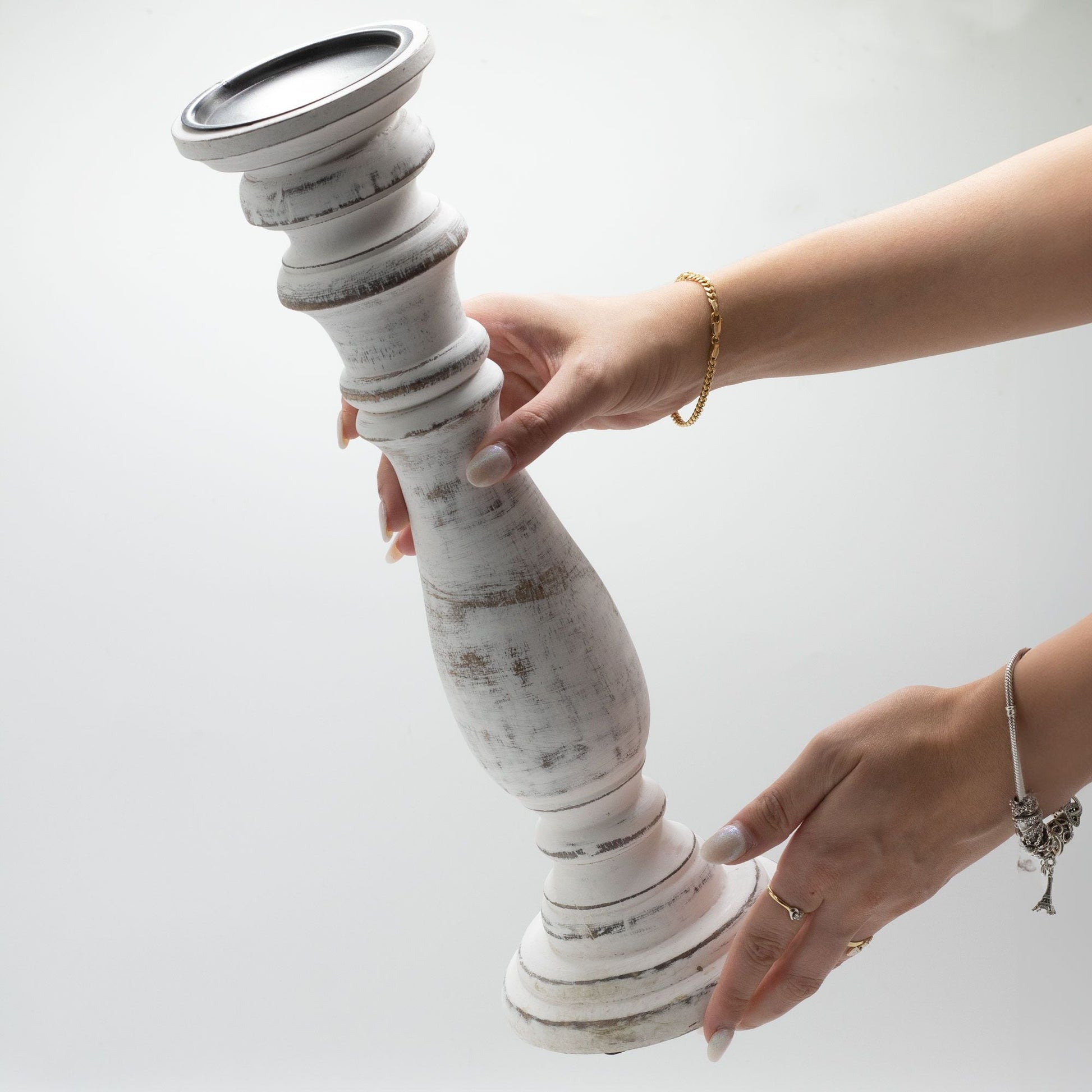 Alt Tag: Classic Candle Stand – Whitewash (37 × 10 CM, Large), large distressed whitewashed wooden candle holder in hands