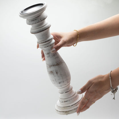 Alt Tag: Classic Candle Stand – Whitewash (37 × 10 CM, Large), large distressed whitewashed wooden candle holder in hands
