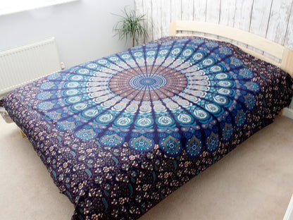 Alt Tag: Classic Mandala Cotton Bedspread – 230x200 CM blue mandala cotton bedspread on double bed, handmade in India