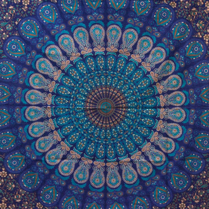 Classic Mandala Cotton Bedspread – 230x200 CM blue and teal mandala pattern, handmade in India cotton bedspread wall hanging