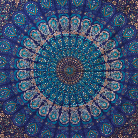 Classic Mandala Cotton Bedspread – 230x200 CM blue and teal mandala pattern, handmade in India cotton bedspread wall hanging
