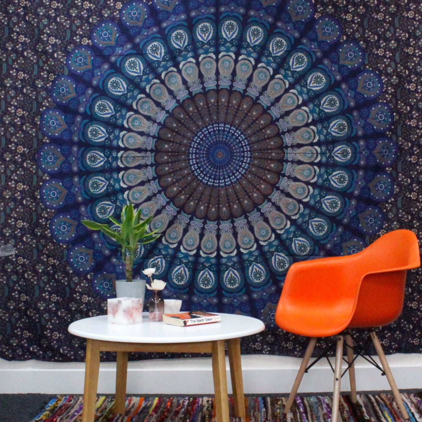 Classic Mandala Cotton Bedspread – 230x200 CM blue mandala cotton bedspread wall hanging in room decor behind table and chair