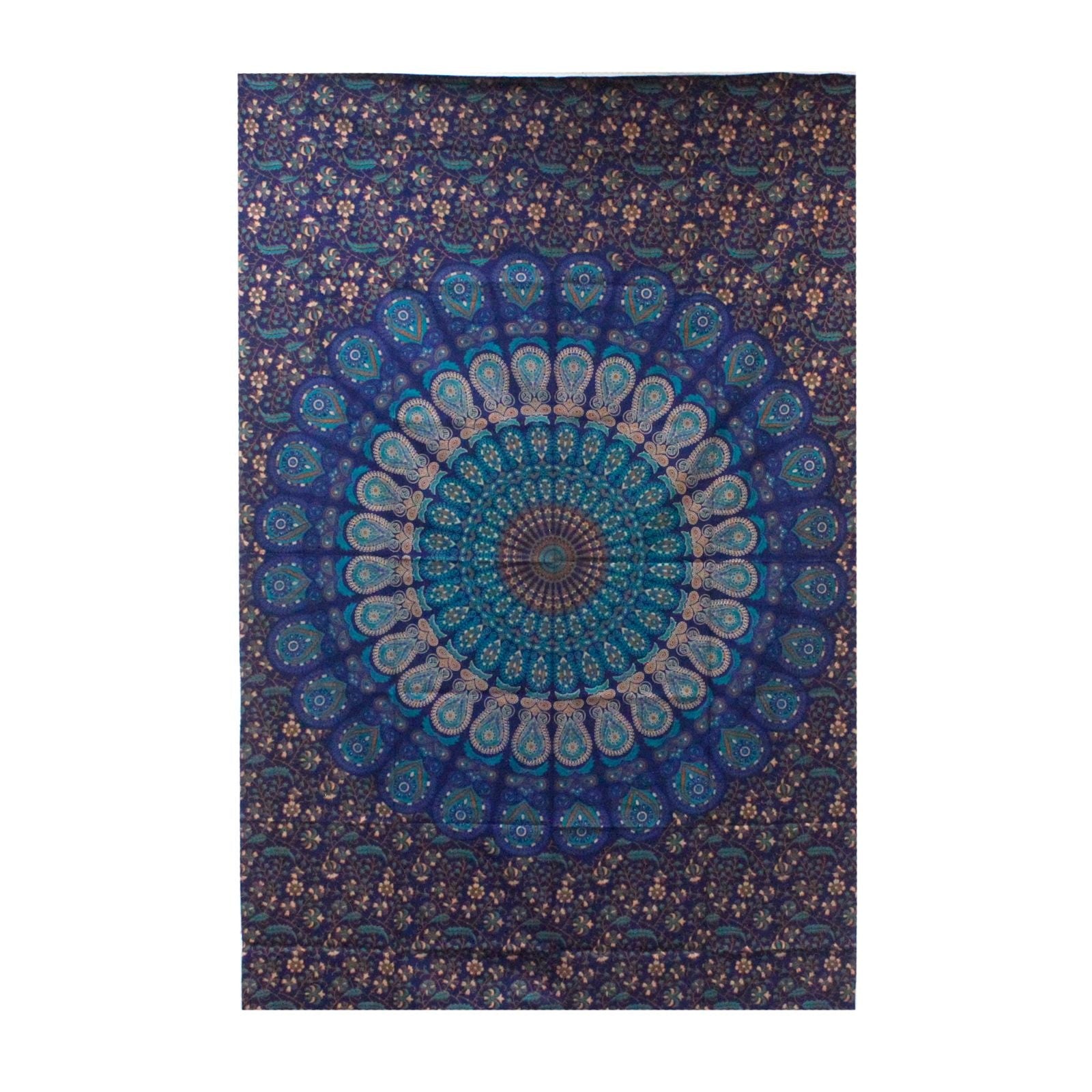 Classic Mandala Cotton Bedspread – 230x200 CM blue mandala cotton bedspread with intricate circular pattern, handmade in India