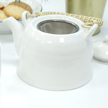 Alt Tag: Classic White Herbal Teapot Set – 850ML, 6 Cups white ceramic teapot with stainless steel infuser and handle