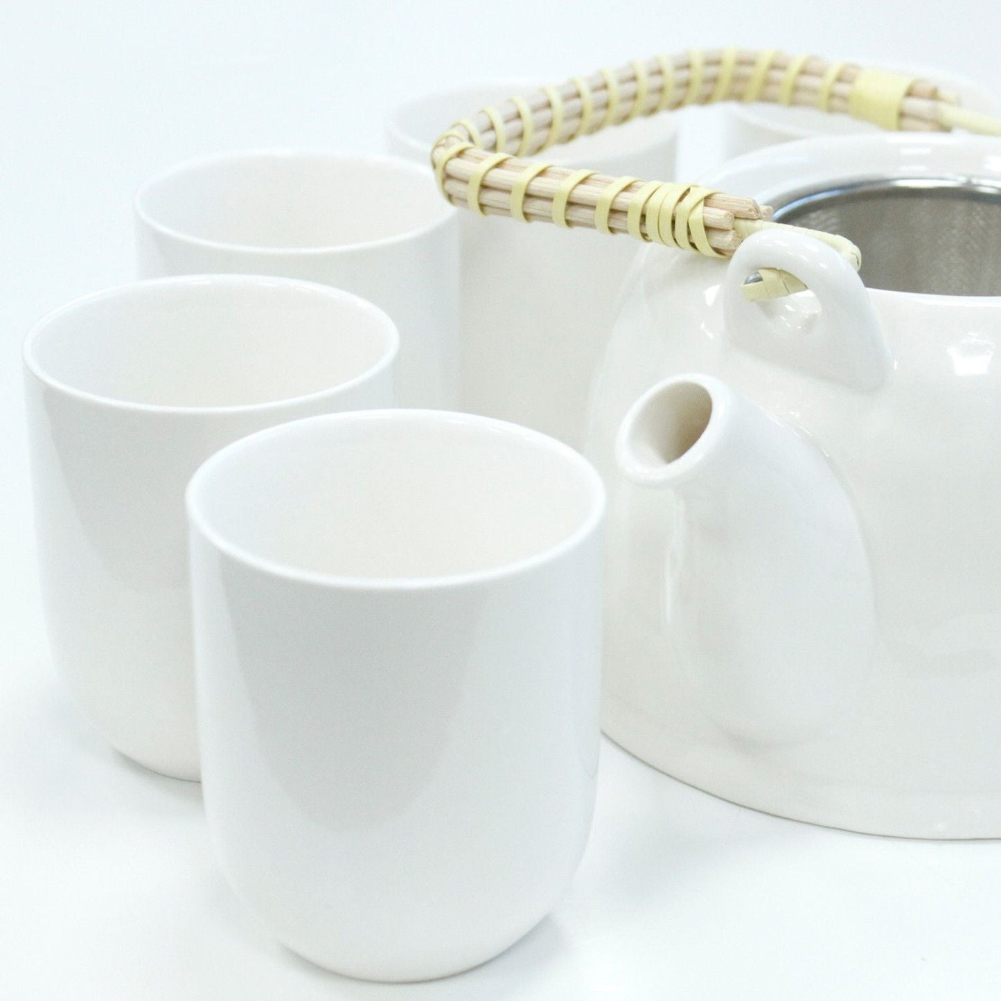 Classic White Herbal Teapot Set – 850ML, 6 Cups, white ceramic teapot with bamboo handle and matching cups
