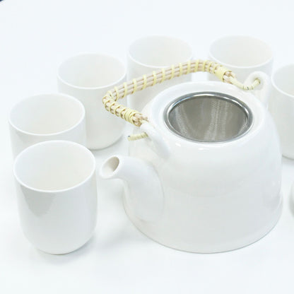 Alt Tag: Classic White Herbal Teapot Set – 850ML, 6 Cups ceramic white teapot with metal infuser and six cups