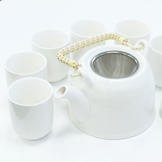 Alt-Tag: Klassisches weißes Kräuter-Teekannen-Set – 850ML, 6 Tassen, weiße Keramik-Teekanne mit Metall-Teesieb und sechs Tassen