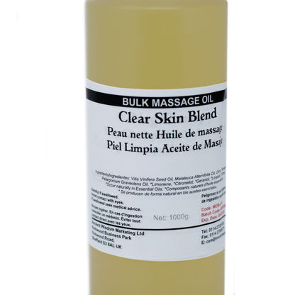 Clear Skin Massageolja – 1 kg storflaska massageolja, etikett med Clear Skin Blend, storlek 1000 g
