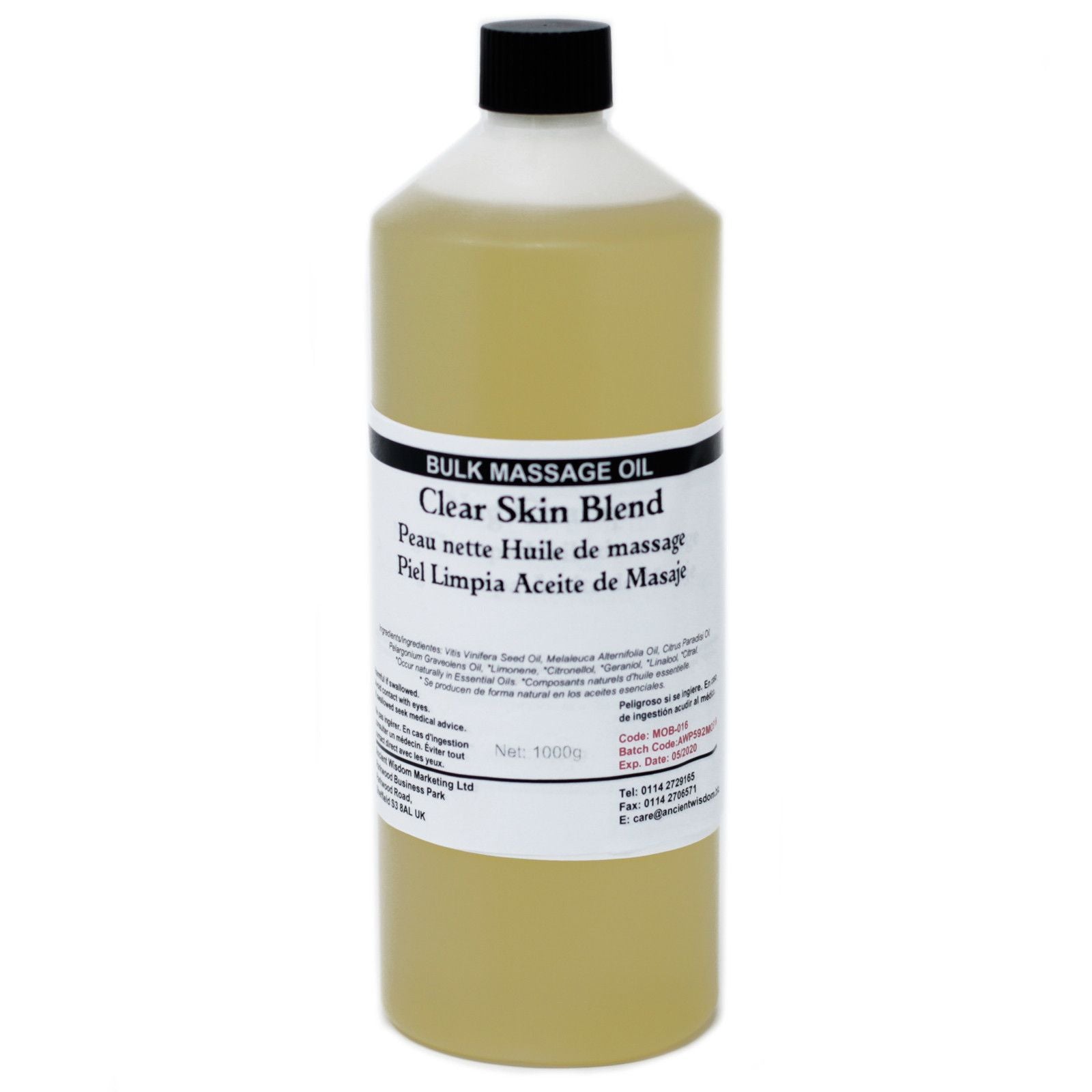 Alt Tag: Clear Skin massageolja – 1 kg flaska med massageolja i bulk, etikett med Clear Skin Blend, storlek 1 kg
