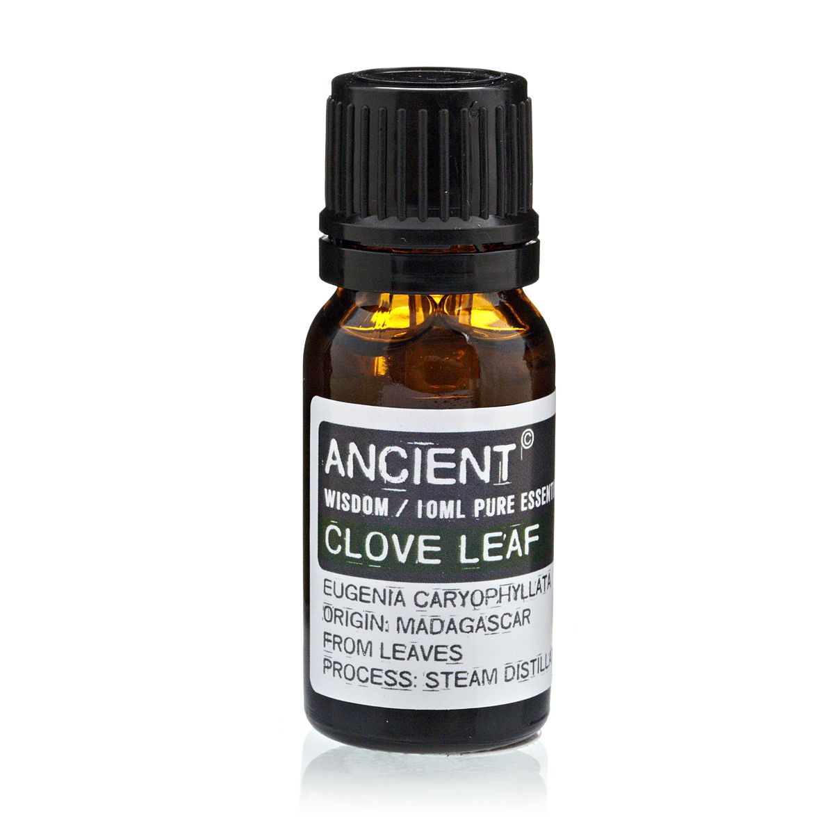 Alt Tag: Clove Leaf Essential Oil – 10ML amber glass bottle with black cap, clove leaf essential oil, steam-distilled from leaves