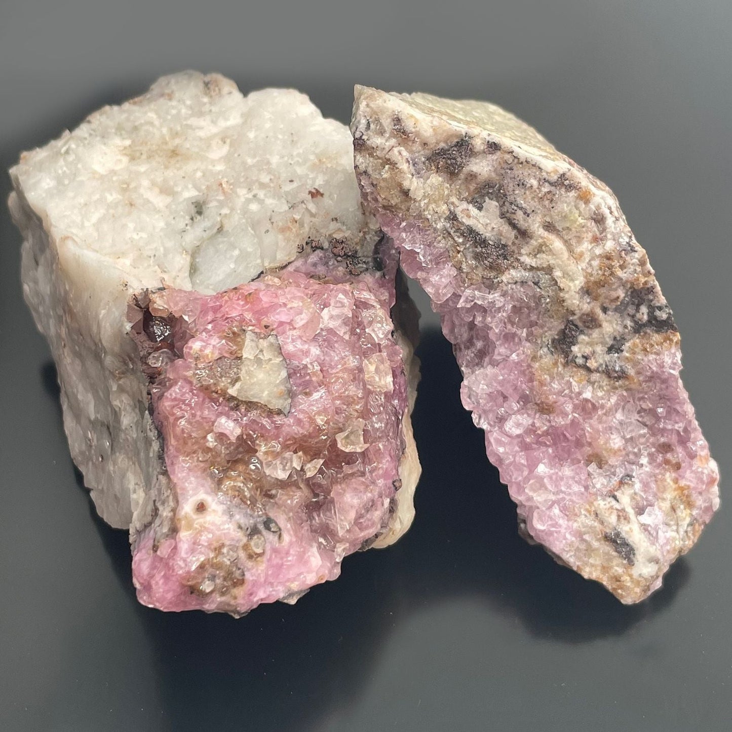 Cobalt Calcite Mineral Specimens – 25 Pieces, pink to purple cobalt calcite crystals on white rock matrix mineral sample