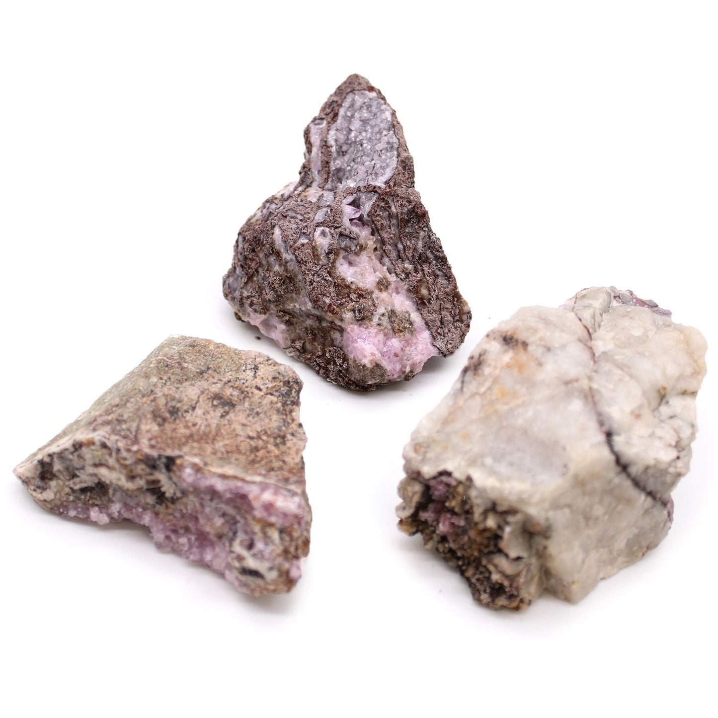 Alt Tag: Cobalt Calcite Mineral Specimens – 25 Pieces, pink-purple cobalt calcite rough mineral rocks on white background