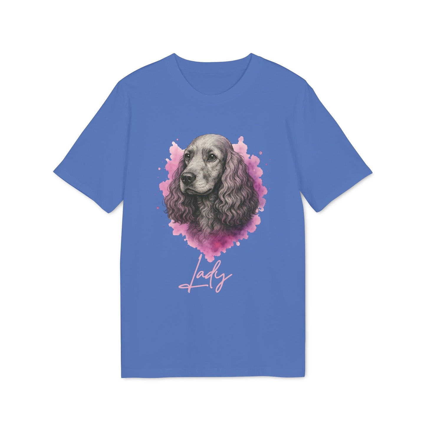Cocker Spaniel Personalized Premium Unisex T-Shirt azul con ilustración de cocker spaniel y nombre personalizado "Lady"