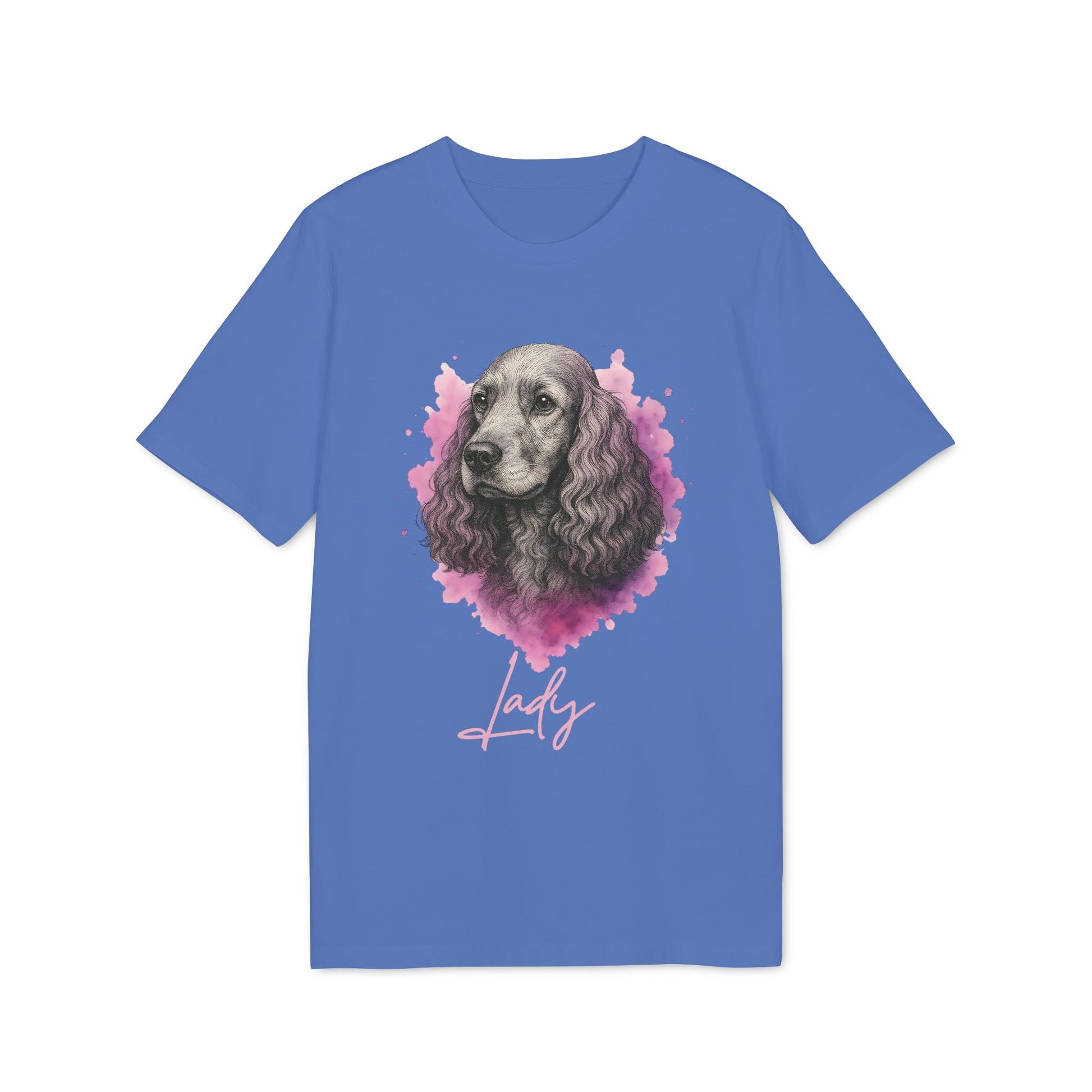 Cocker Spaniel Personalized Premium Unisex T-Shirt azul con ilustración de cocker spaniel y nombre personalizado "Lady"