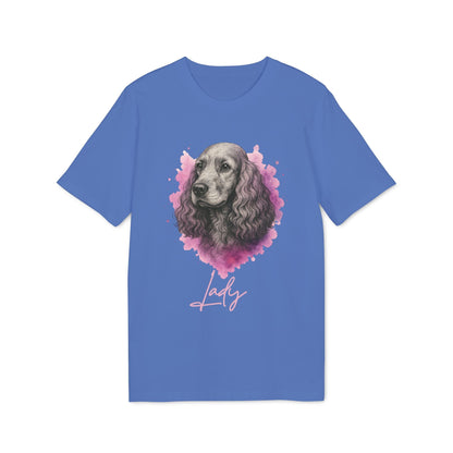 Cocker Spaniel Personalized Premium Unisex T-Shirt azul con ilustración de cocker spaniel y nombre personalizado "Lady"
