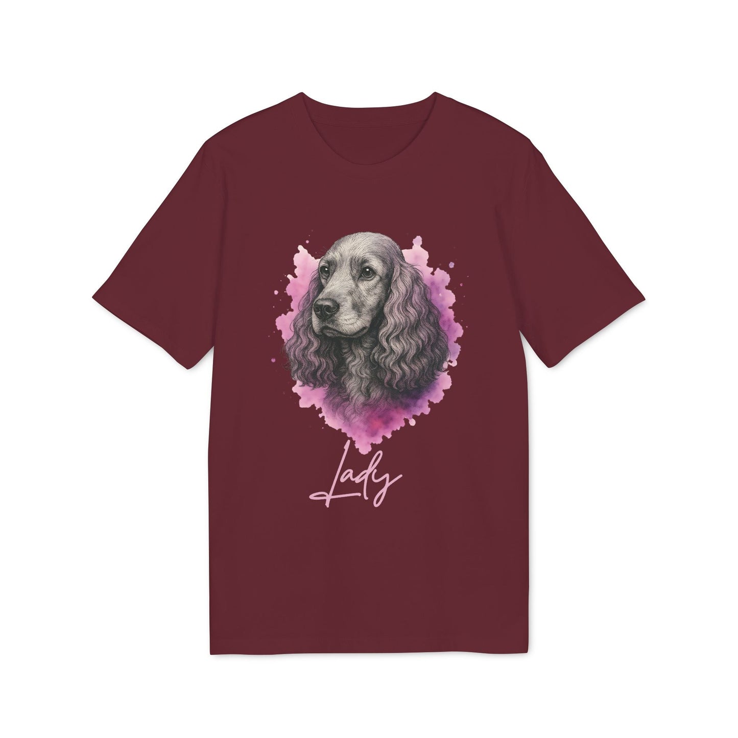 Alt Tag: Cocker Spaniel Personalized Premium Unisex T-Shirt color burdeos con retrato de cocker spaniel y nombre "Lady"