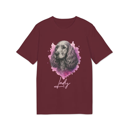 Alt Tag: Cocker Spaniel Personalized Premium Unisex T-Shirt color burdeos con retrato de cocker spaniel y nombre "Lady"