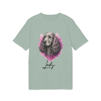 Alt Tag: Cocker Spaniel Personalized Premium Unisex T-Shirt with watercolor cocker spaniel portrait and custom name "Lady" on sage tee