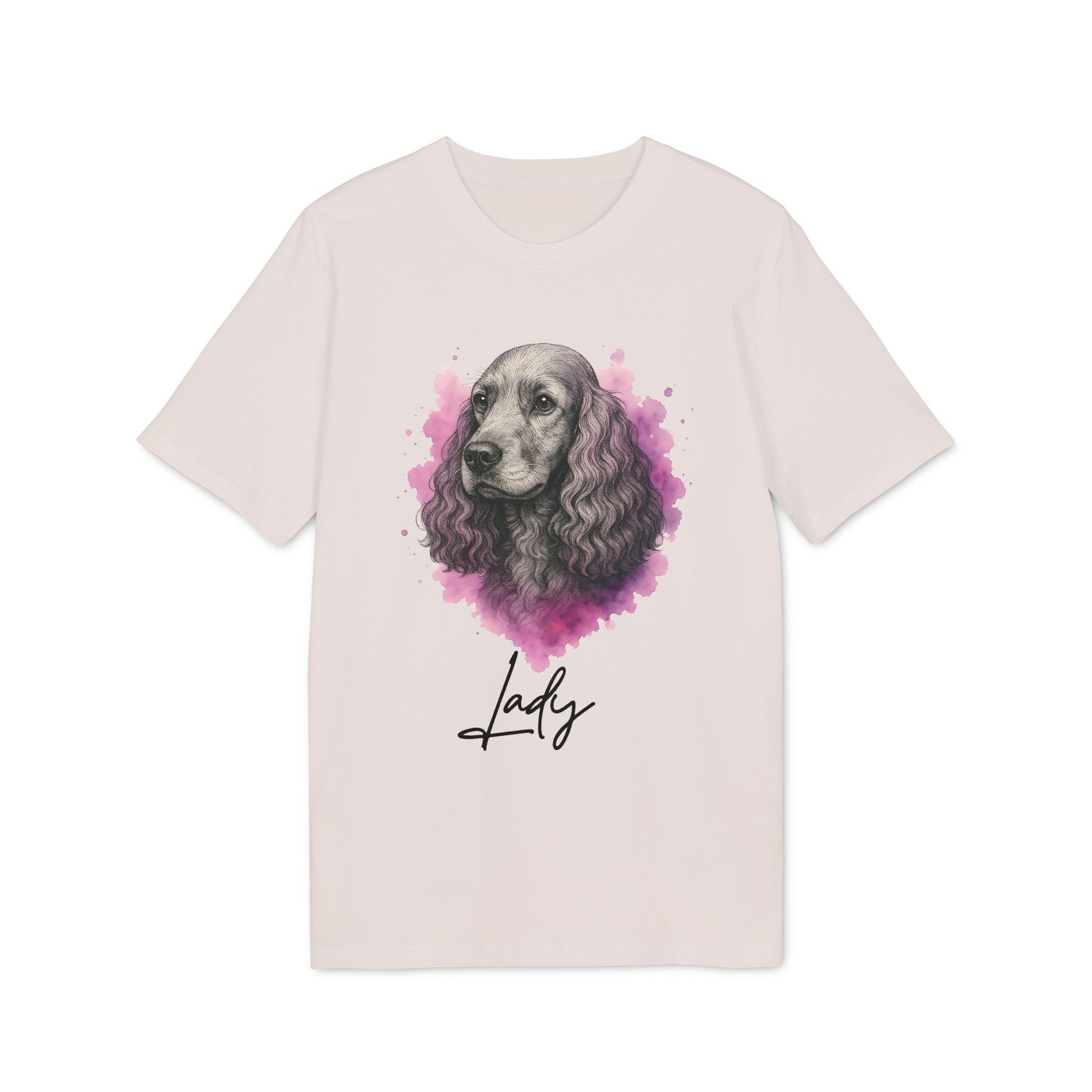 Alt Tag: Cocker Spaniel Personalized Premium Unisex T-Shirt with watercolor Cocker Spaniel portrait and custom name “Lady” on cream tee