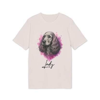 Alt Tag: Cocker Spaniel Personalized Premium Unisex T-Shirt with watercolor Cocker Spaniel portrait and custom name “Lady” on cream tee