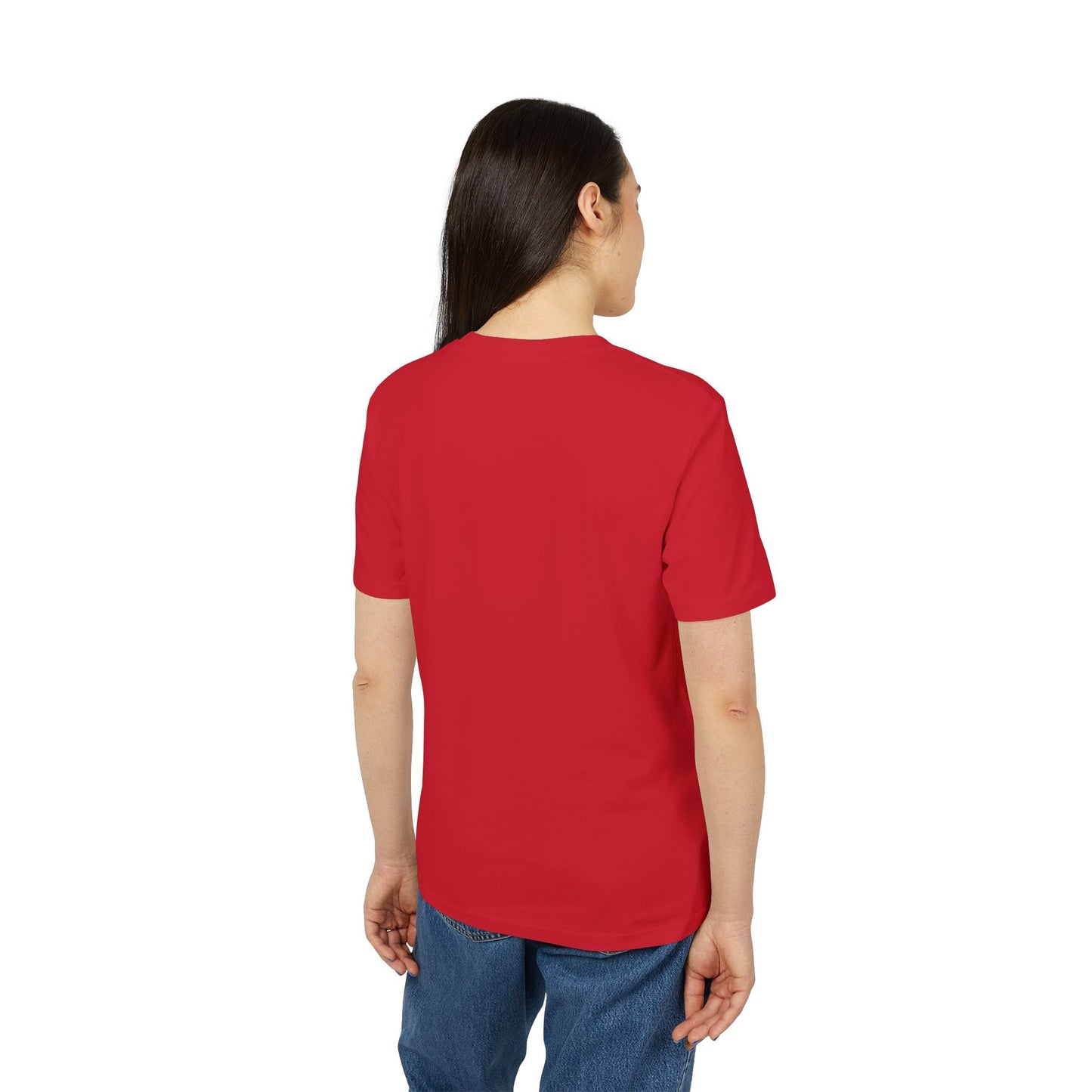 Cocker Spaniel Personalized Premium Unisex T-Shirt, vista trasera de camiseta roja unisex en modelo, manga corta