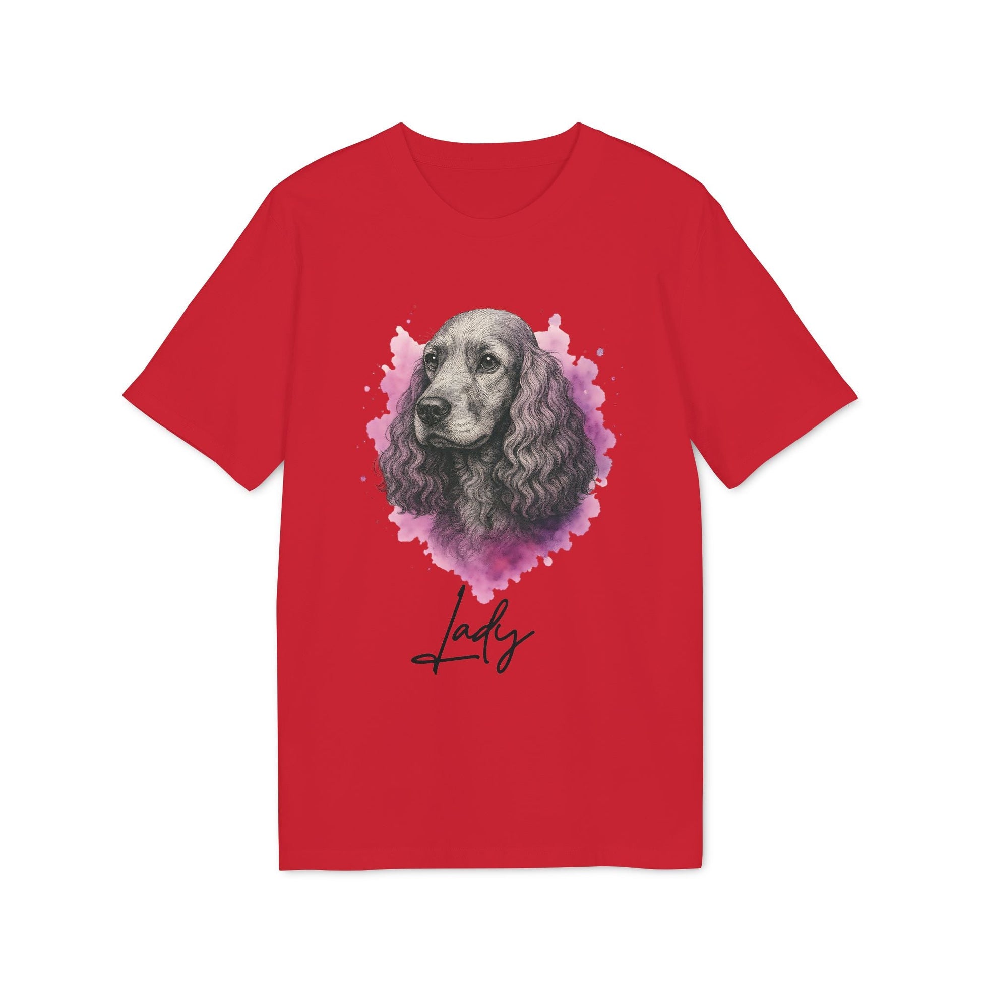 Alt Tag: Cocker Spaniel Personalized Premium Unisex T-Shirt roja con ilustración de cocker spaniel y nombre personalizado "Lady" en el pecho