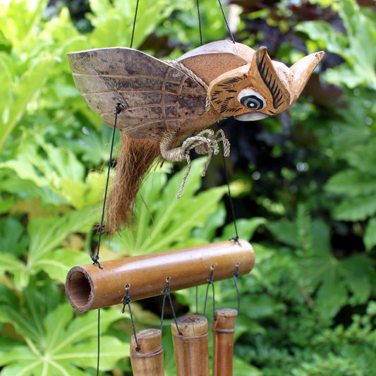 Vindspel i kokos och bambu – 1M Owl Design hängande uggla i kokos och bambu för trädgården, med bamburör och snöre