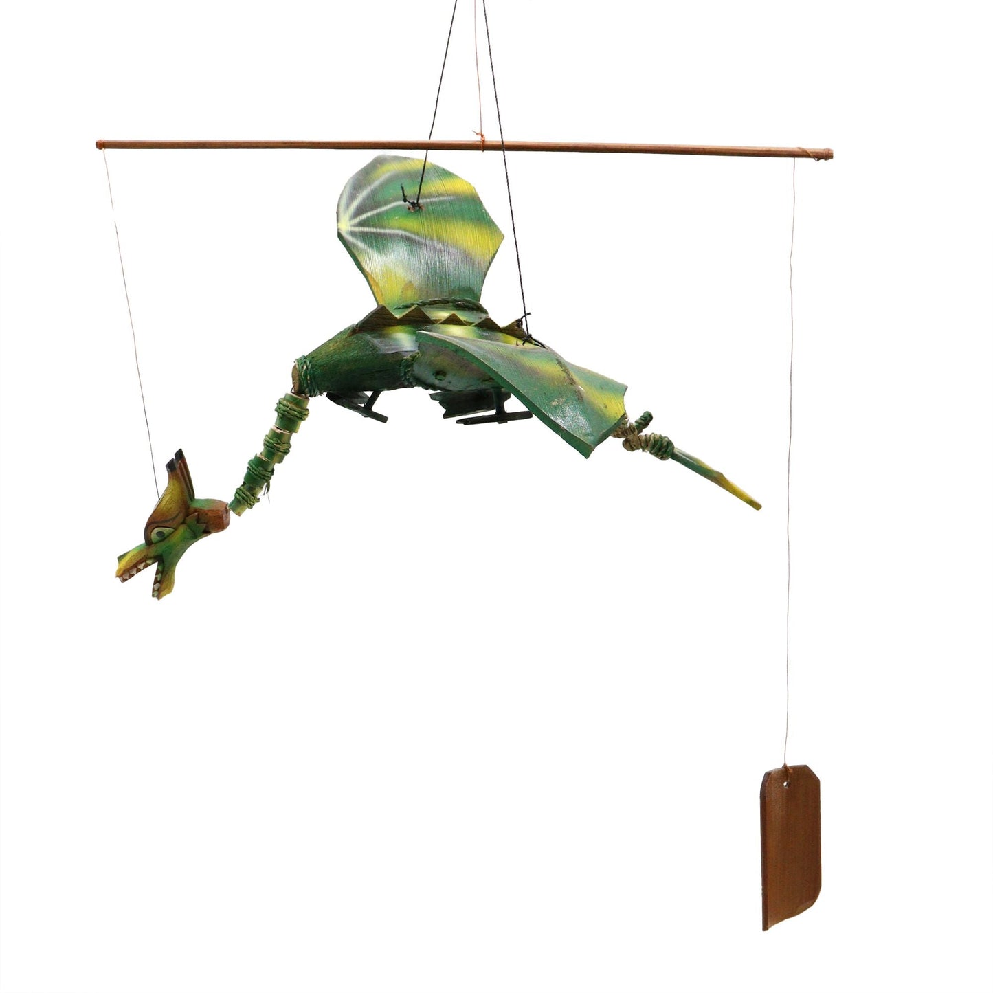 Coconut Dragon Mobile – 37CM handmade coconut dragon hanging mobile decoration with wings, suspended from wooden rod
