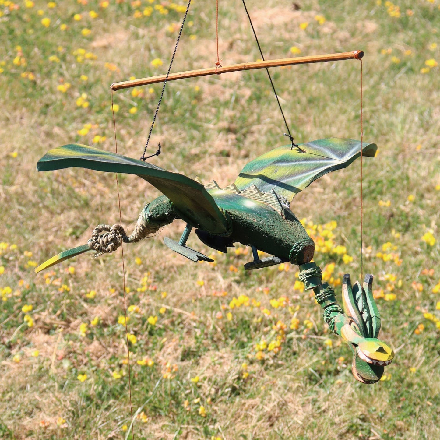 Coconut Dragon Mobile – 37CM handmade coconut dragon hanging mobile decor with green wings, suspended outdoors