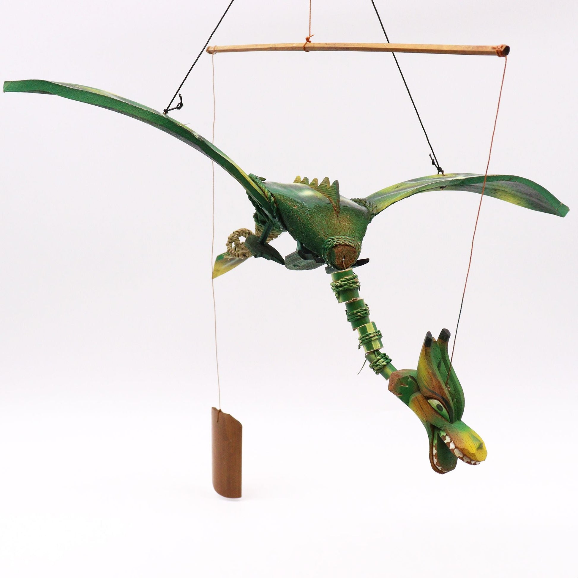 Coconut Dragon Mobile – 37CM handmade coconut dragon hanging mobile with green wings for garden or interior decor