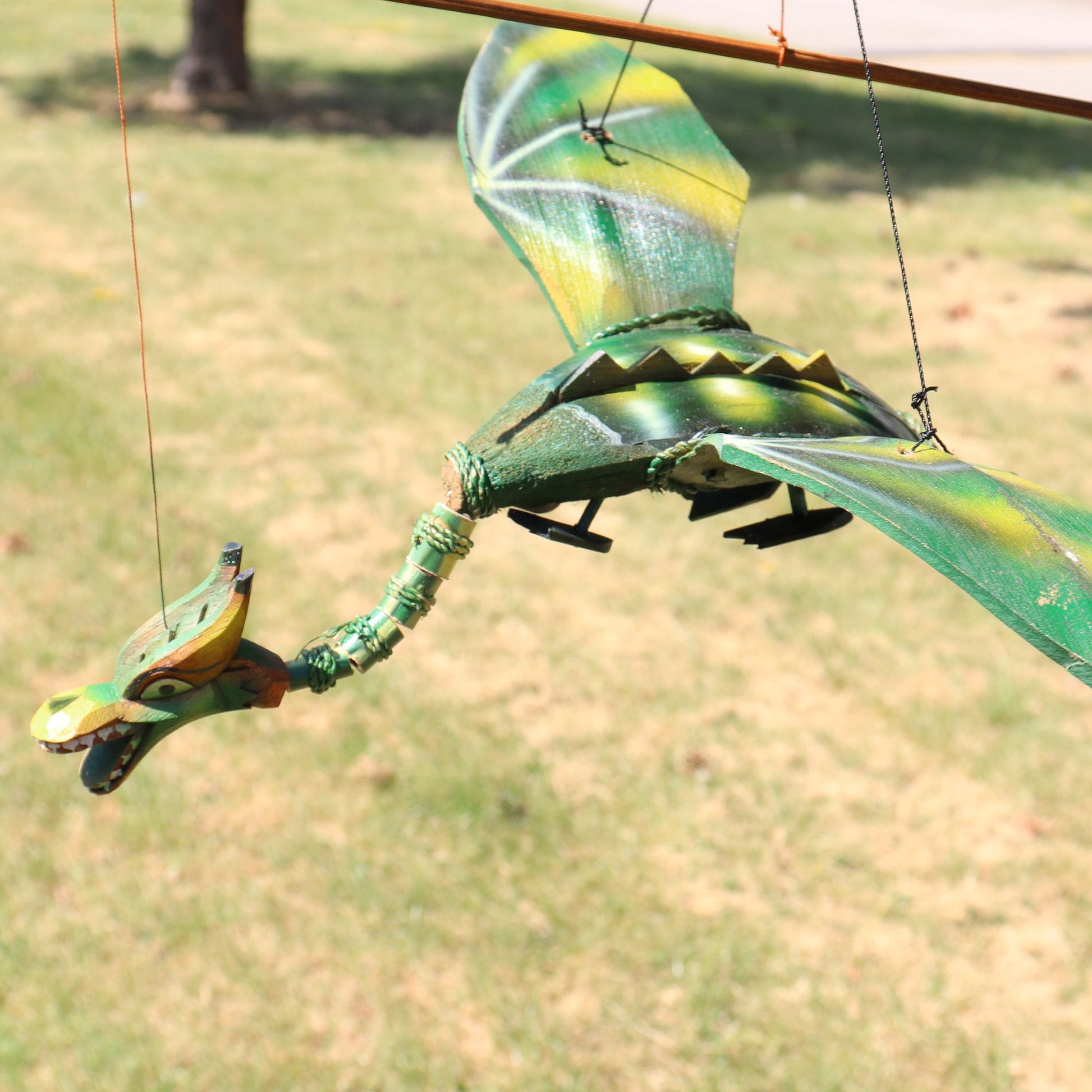 Alt Tag: Coconut Dragon Mobile – 37CM handmade coconut dragon hanging garden decor with green wings