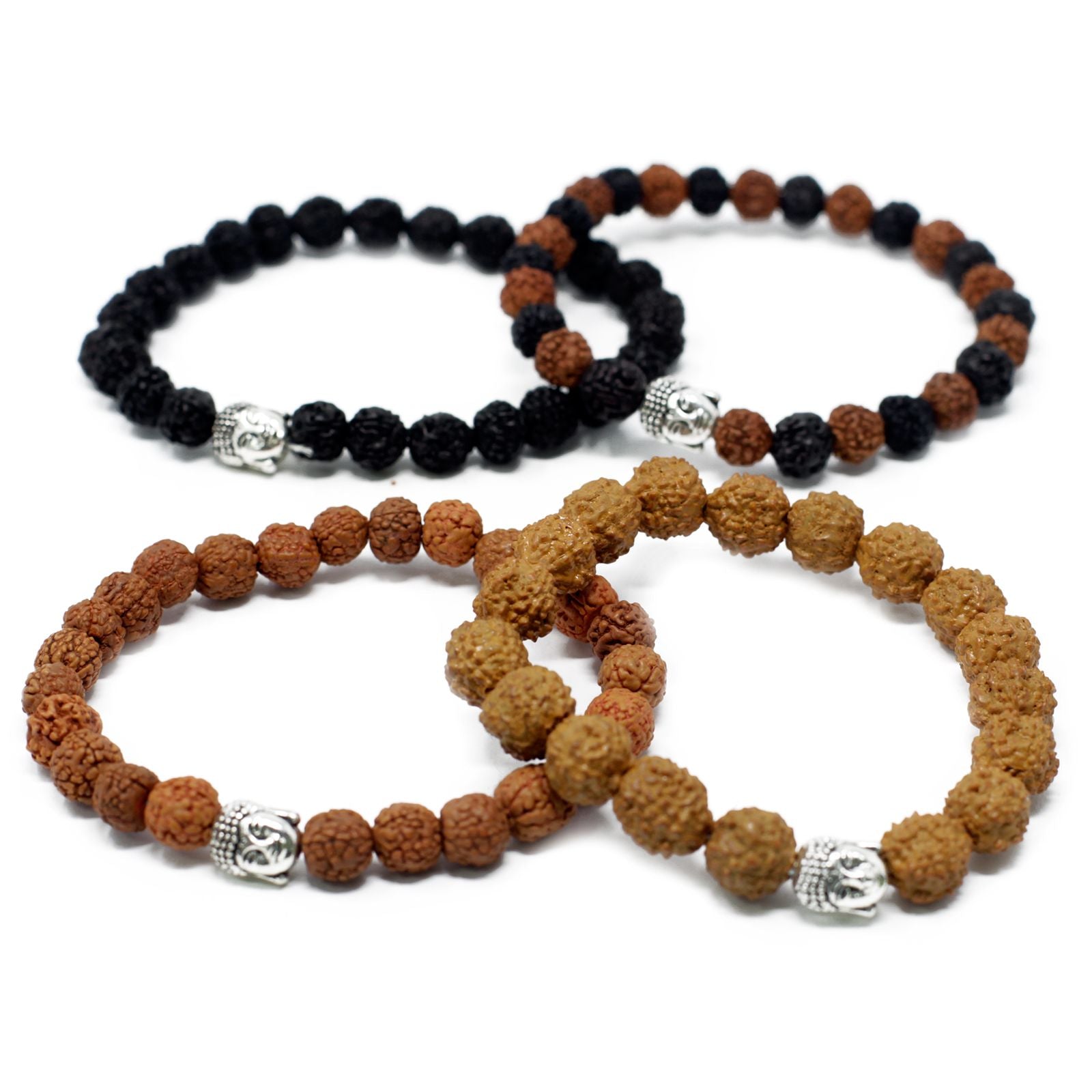 Buddha-Armreifen aus Kokosholz – verschiedene Styles, Set handgefertigter Perlenarmbänder mit Buddha-Anhänger in Schwarz, Braun und Beige