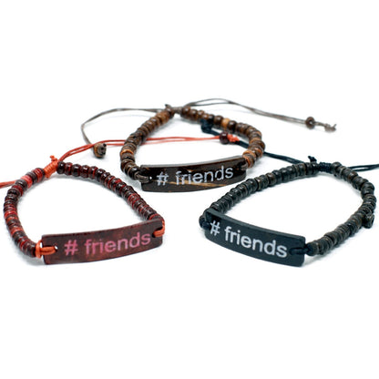 Coconut Wood Friends Bracelet – Adjustable set of three coconut wood beaded friendship bracelets with "# friends" plate, red, brown, black
