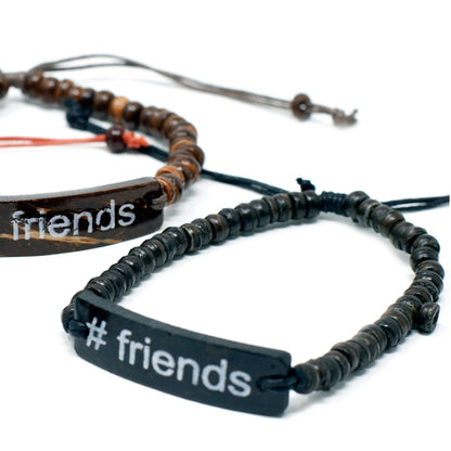 Alt Tag: Coconut Wood Friends Bracelet – Adjustable featuring beaded coconut wood and '# friends' tag, adjustable cord, close-up
