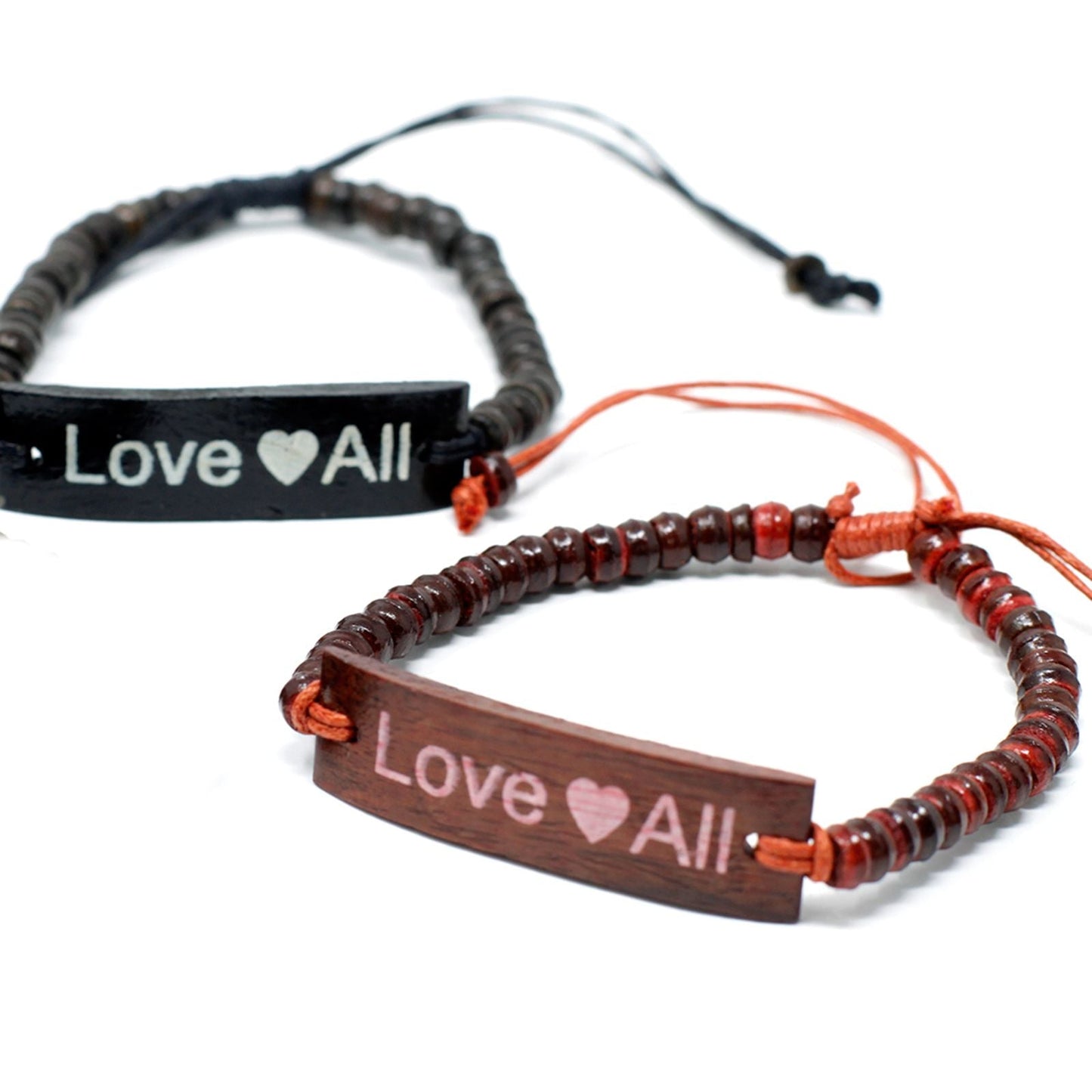 Coconut Wood Bangle – LoveAll Slogan coconut wood LoveAll bracelet with adjustable cord, close-up of two bangles