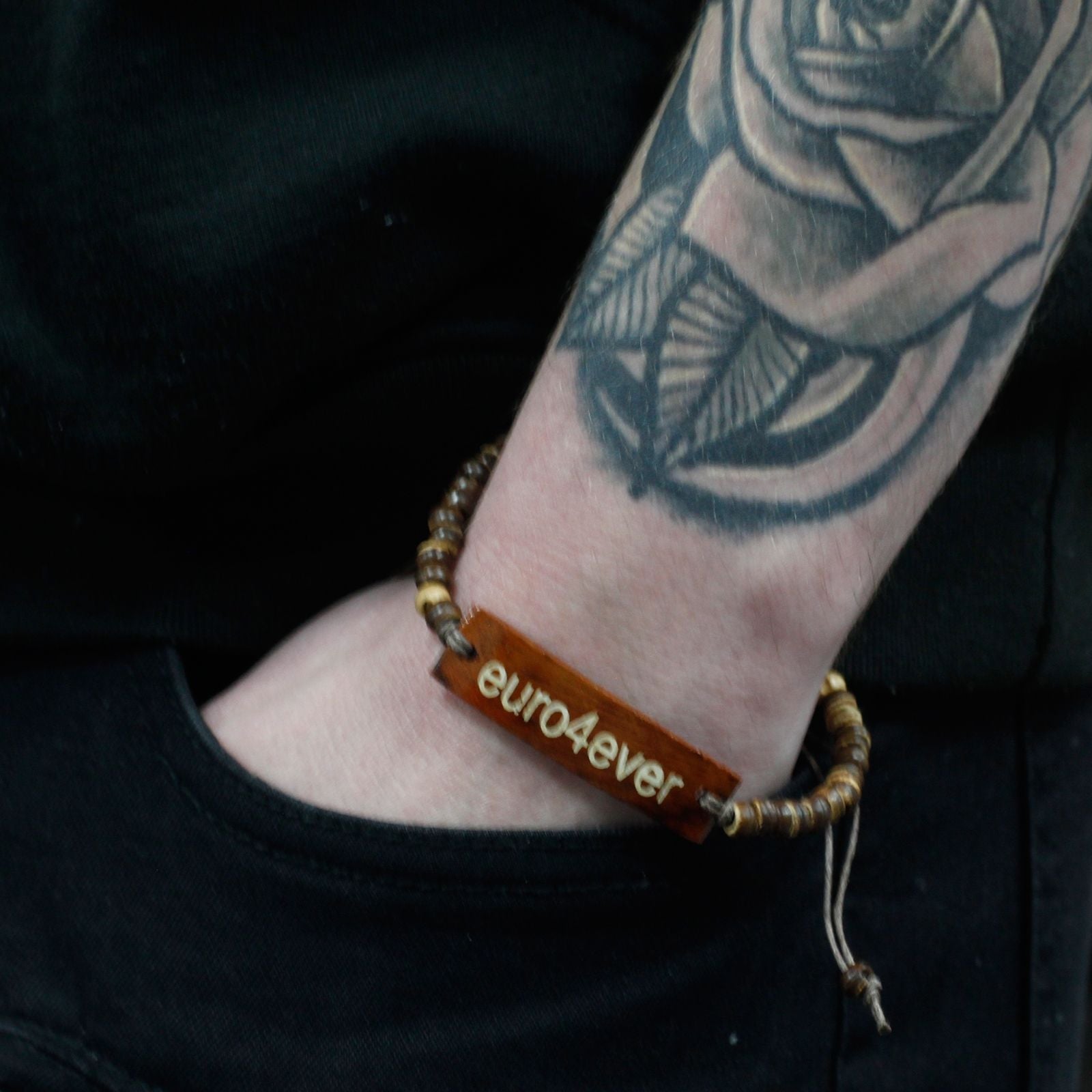 Alt Tag: Coconut Wood Slogan Bracelet – Stretch 7.5 CM on wrist, coconut wood bead stretch bracelet with engraved slogan plate
