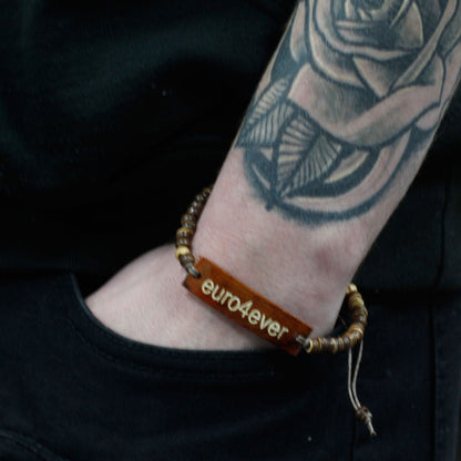 Alt Tag: Coconut Wood Slogan Bracelet – Stretch 7.5 CM on wrist, coconut wood bead stretch bracelet with engraved slogan plate