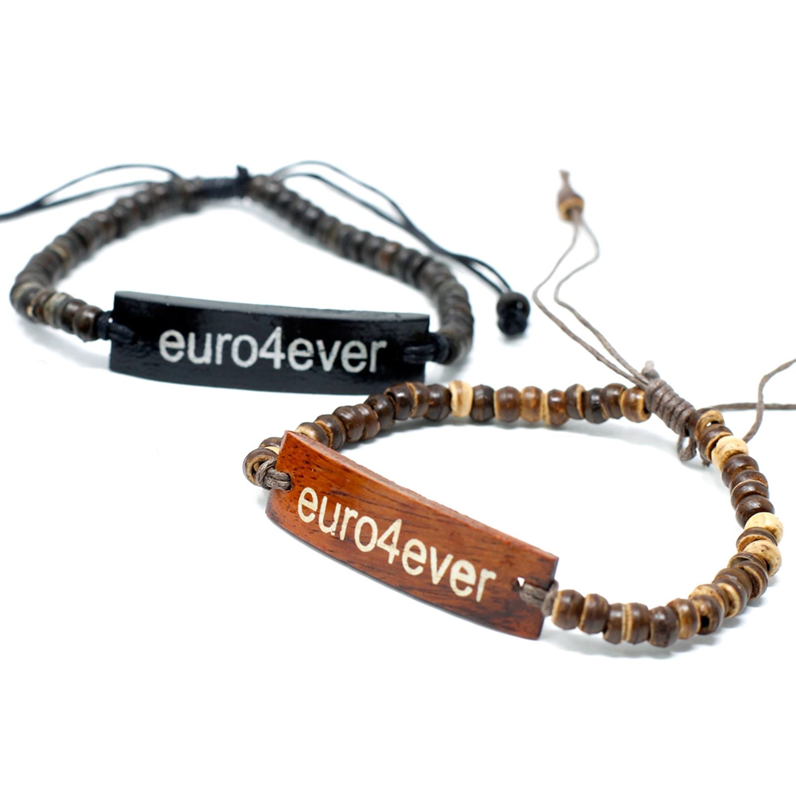 Coconut Wood Slogan Bracelet – Stretch 7.5 CM con cuentas de coco y placa grabada “euro4ever” en pulsera ajustable