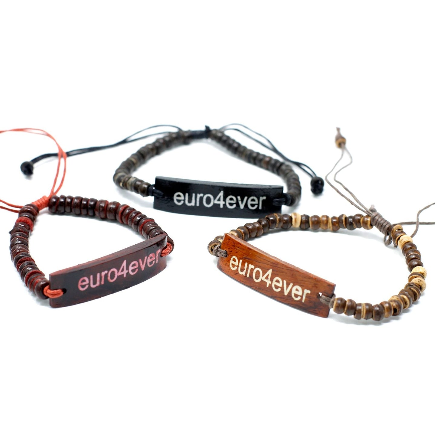 Coconut Wood Slogan Bracelet – Stretch 7.5 CM, coconut wood beaded stretch bracelet with engraved euro4ever slogan